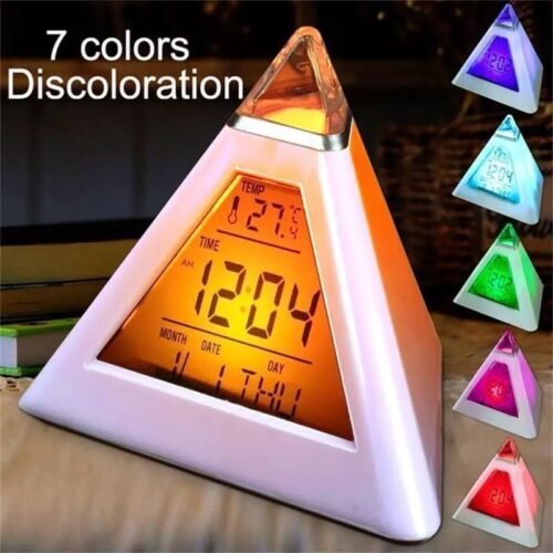 Alarm Clock Pyramid 7 Color Changing Timer Night Light Temperature Date