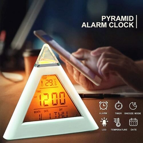 Alarm Clock Pyramid 7 Color Changing Timer Night Light Temperature Date