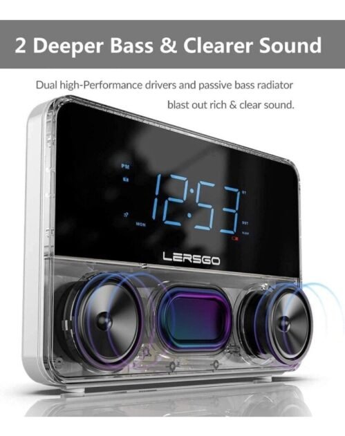 Alarm Clock Radio Bluetooth V5.0 Speaker with HD Sound and Bass,Blue Display