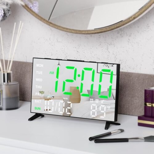 Alarm Clocks for Bedrooms, Small Digital Clock, LED Mirror Alarm Clock (Black)