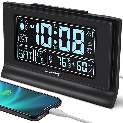 Alarm Clocks for Bedrooms with Battery Backup, Black-humidity & Moon Phase