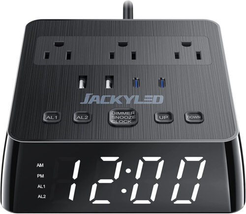 Alarm Clock with 4 USB Chargers Power Strip 3 Outlets 1700J Surge Prot