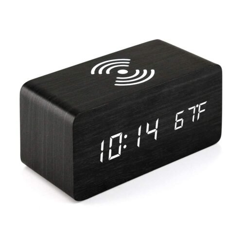 Alarm Clock with Qi Wireless Charging Pad Compatible with iPhone Samsung Wood...