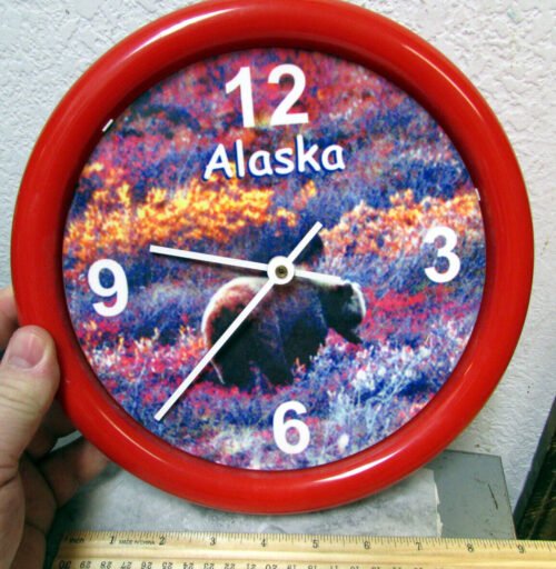 Alaska wall hanging clock, plastic red frame, battery operated, Grizzly Bear