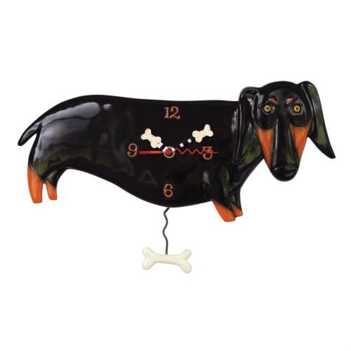Allen Designs Otis Black and Brown Dachshund with Bone Pendulum Clock P1458