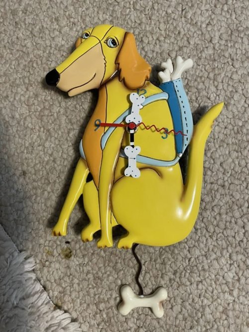 Allen Designs Studio Wall Clock 13”Ceramic Yellow Dog With Bone Pendulum