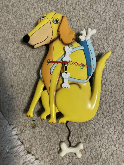 Allen Designs Studio Wall Clock 13 ”Ceramic Yellow Dog With Bone Pendulum image