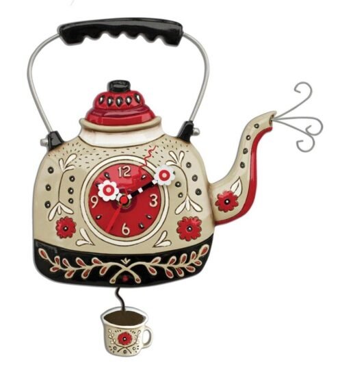 Allen Designs Tea Kettle Clock w Mug Pendulum Floral Polyresin 10”H Battery NIB