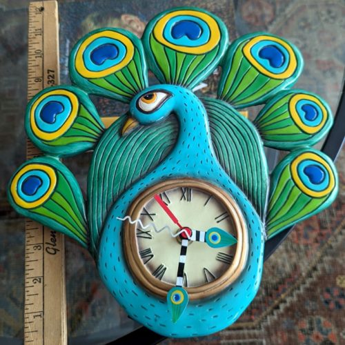 Allen Designs Zany Peacock Wall Clock Art Vtg 1990 s Colorful WORKS missing pendu image