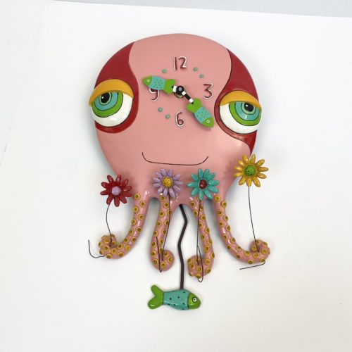 Allen Design Wall Clock Octopus Pink Holding Flowers Fish Pendulum Quirky Artsy image