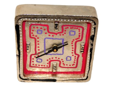 All Metal Contemporary Abstract Desk Clock Small 6"x6" Silver Red Black