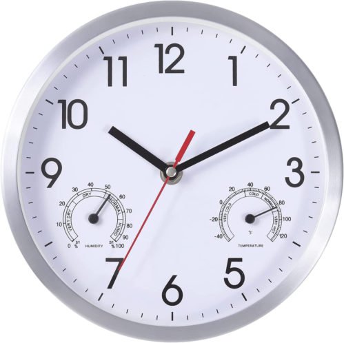 Aluminum Wall Clock with Temperature and Humidity, Non-ticking Battery Operated