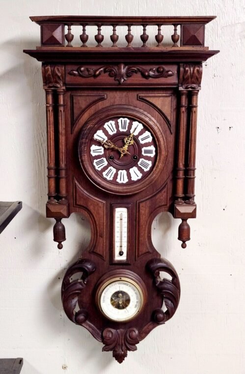 Amazing Antique Carved French Wall Clock Thermometer & Barometer