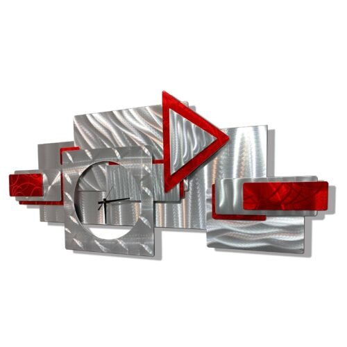 AMAZING! Metal Wall Art Clock - Modern Silver Red Abstract Design By Jon Allen