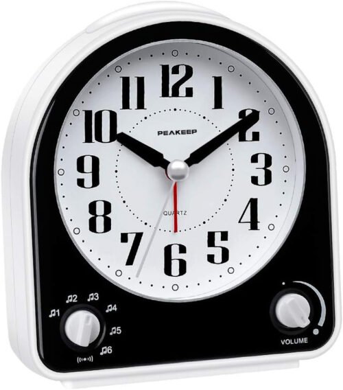 Analog Alarm Clock Non-Ticking Silent, Optional 7 Wake-up Sounds with Volume ...