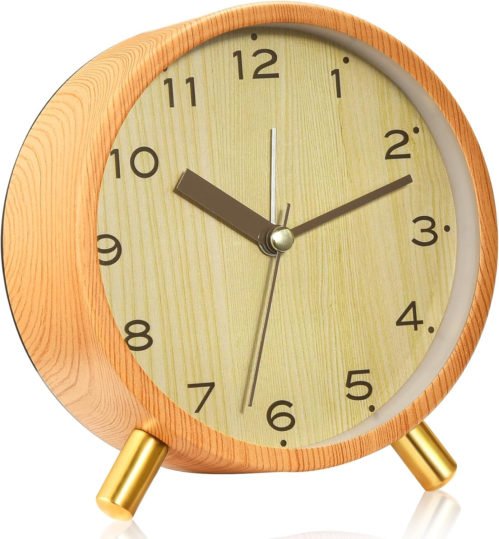 Analog Alarm Clocks 4.5" Metal Alarm Clock Wood Grain Finish Sound-Activated New