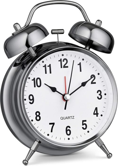 Analog Alarm Clock Twin Bell 4" Silver Metal Extra Loud Quartz Battery Operated