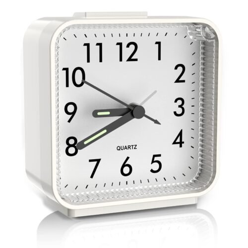Analog Alarm Clock, White, Battery Powered, Snooze, Night Light, Large Dial, Goo
