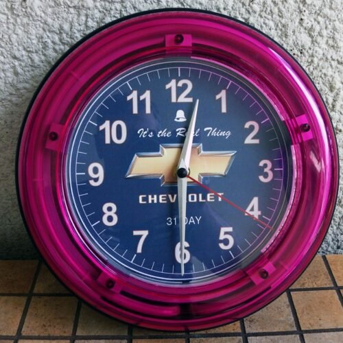ANALOG MAGENTA NEON LIGHT CHEVROLET WALL CLOCK 11" MAN CAVE