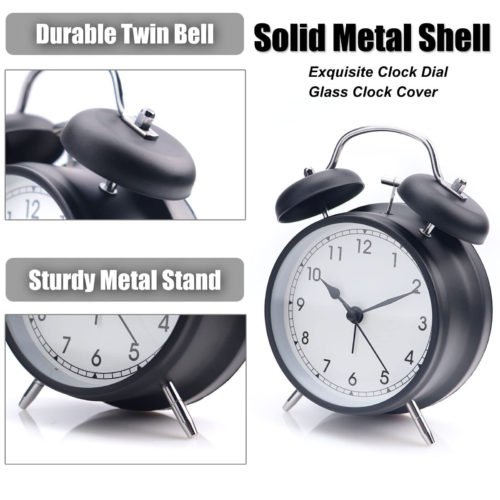 Analog Twin Bell Alarm Clock Non-Ticking Vintage Retro Classic Bedroom Loud Wake