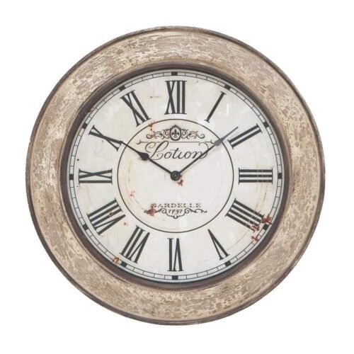 Analog Wall Clock Round Distressed Beige Cream Wood Distressed Large Vintage