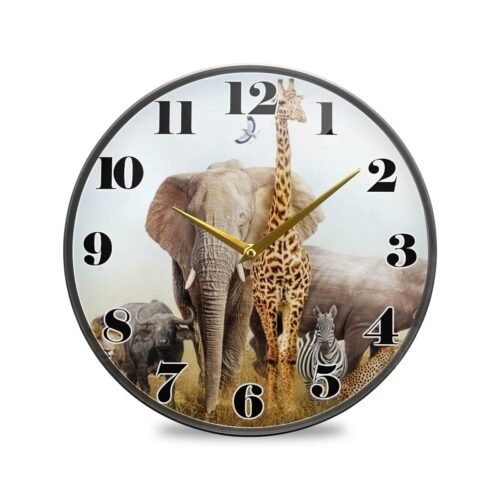 Animal Elephant Lion African Safari Wall Clock Battery Operated Silent Non Ti...