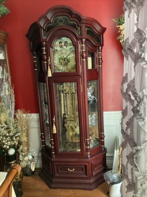 Anitque Curio Grandfather Clock for sale, cherry wood And Brass. 7 feet tall.