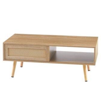 Anky 41.34 in. Natural Wood Rectangle MDF Rattan Coffee Table with Sliding...