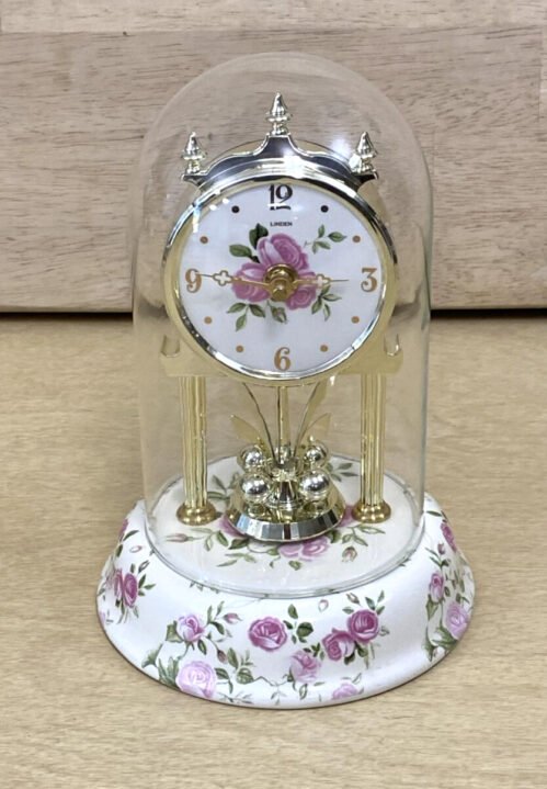 Anniversary CLOCK Vintage Linden Porcelain W/Glass Dome - 8" - WORKS GREAT