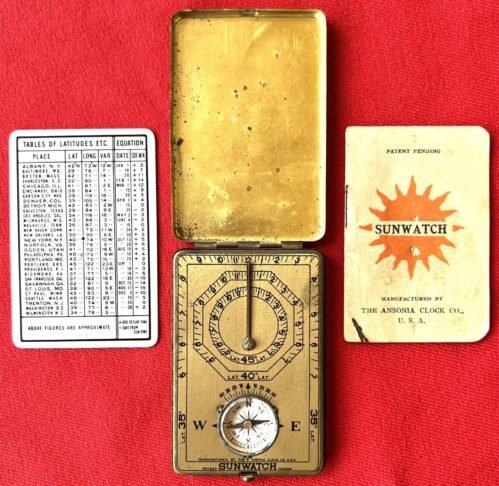 Ansonia Clock 1921 Sunwatch Compass Sundial Brass Latitude City Chart Antique
