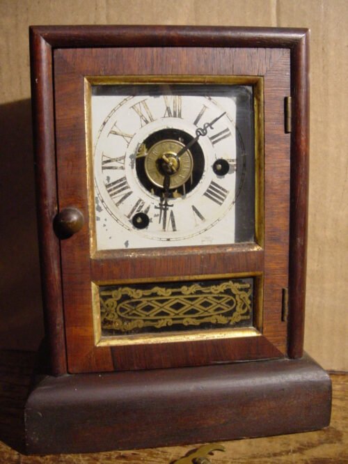 ANT1QUE SETH THOMAS 1855 "COTTAGE C" ROSEWOOD MINIATURE SHELF ALARM CLOCK WORKS