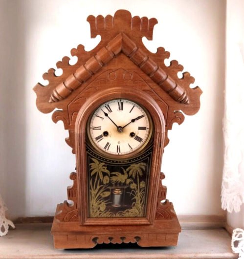 Antique 1800's E.N. WELCH Carved Oak THE DAISY Victorian Shelf Mantel Clock RUNS