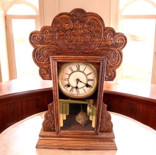 Antique 1800s WATERBURY Carved Oak Victorian Gingerbread Shelf Mantel Clock RUNS