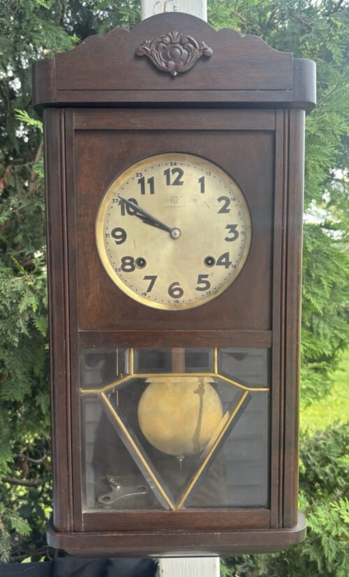 Antique 1895 - 1910 Ghanschmit German Box Wall Clock VIDEO - BEVELED GLASS DOOR