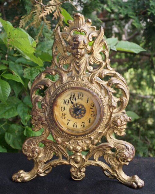 Antique 1906 Cast Iron Figural Mantle Clock - MADE USA - SIGNED - UNUSUAL