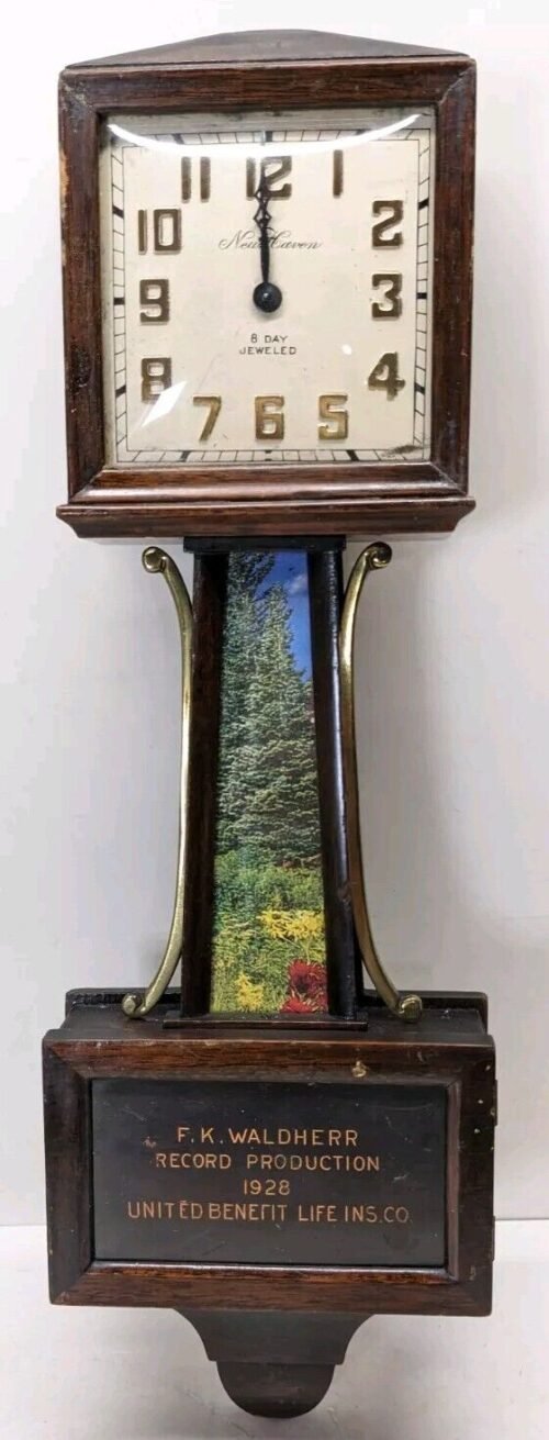 Antique 1920s 1928 New Haven Jeweled 8 Day Square BANJO Wall Clock Advertising