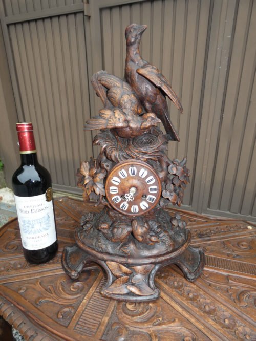 Antique 19thc black forest wood carved mantel clock Quail Birds decor rare