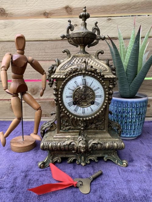 Antique 19thC French Rococo Brass Ormolu Gilt Porcelain Mantel Clock & Key 1840