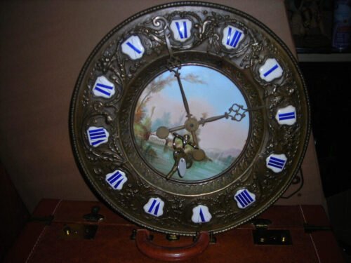 ANTIQUE 19TH C. HAND PAINTED PORCELAIN BRASS FRENCH WALL CLOCK 15"