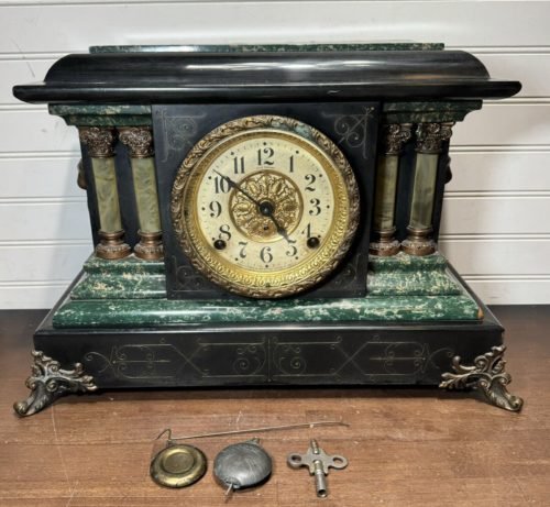 Antique 2 Column SETH THOMAS Adamantine Mantle Clock faux marble w/Key Lion Head