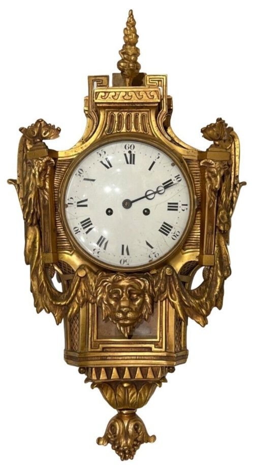 Antique 30" French Louis XVI Empire Gilt Bronze Ormolu Lion Cartel Wall Clock