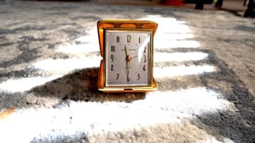 ANTIQUE 50s TRAVEL CLOCK - WINDUP / ALARM /Gold Silk-Lined Case--Works Great!