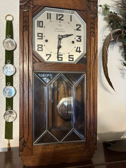Antique Art Deco FRENCH Box Wall Clock With Beveled Glass Circa 1930