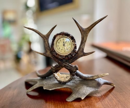 Antique Black Forest Mantle Clock antlers and fallow deer base carved Fox
