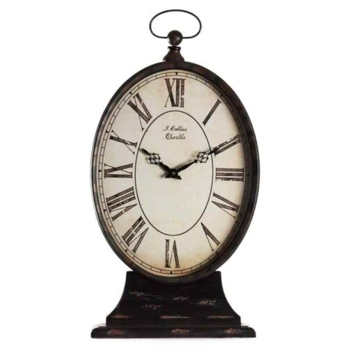 Antique Black Oval Iron Table Clock on Base