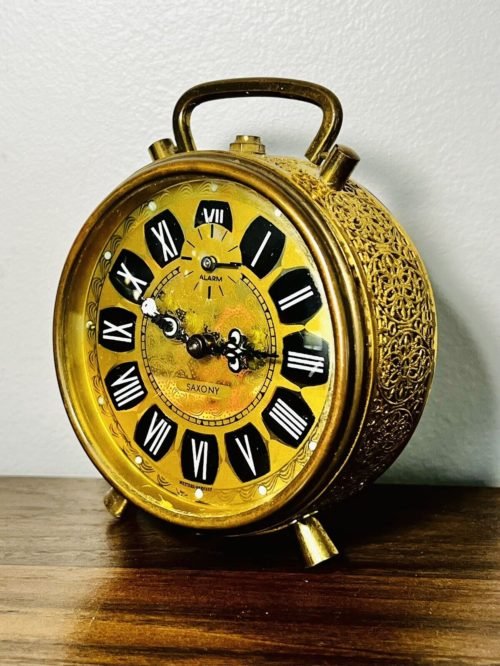 Antique Brass Saxony Alarm Table Mantle Clock Vintage West Germany Parts Repair