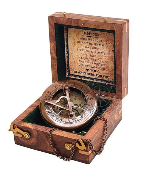Antique Brass Sundial Compass with Wooden Box and Chain - Push Open Compass -...