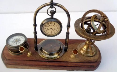 Antique brass table top clock with pen holder compass armillary sphere Décor