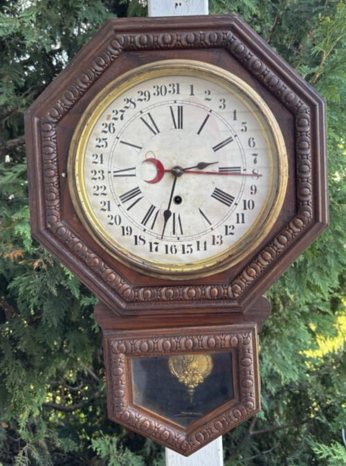 Antique C 1890 Waterbury Short Drop School House Regulator Wall Clock & CALENDAR