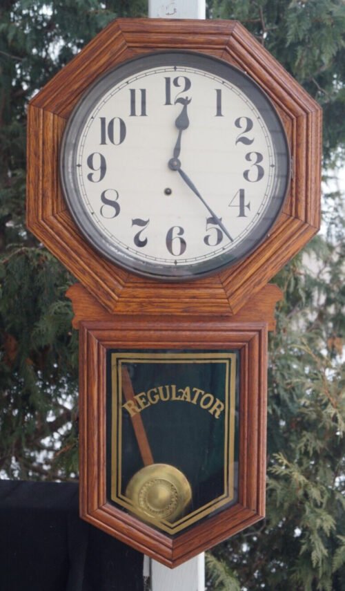 Antique C 1900 Ingraham OAK Long Drop School Regulator Wall Clock - SERVICED
